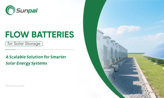 Flow battery energy storage system next to solar panels.