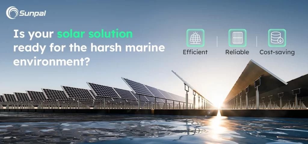 Solar panels facing the sun above a body of water, showcasing specialized marine solar installations.