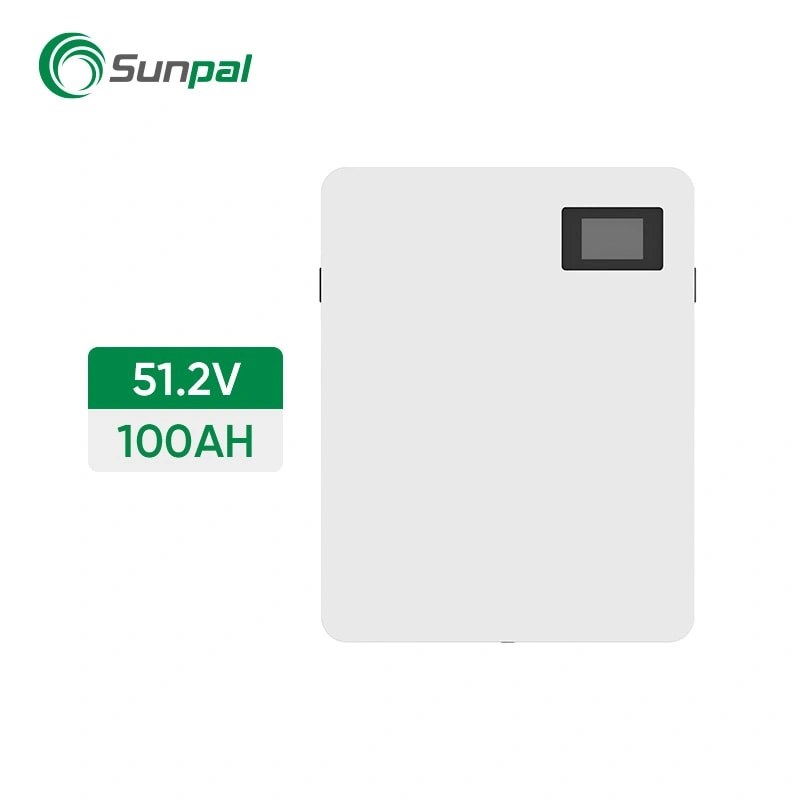 Front view of 51.2V 100Ah lithium battery showing compact design and clear LCD display.