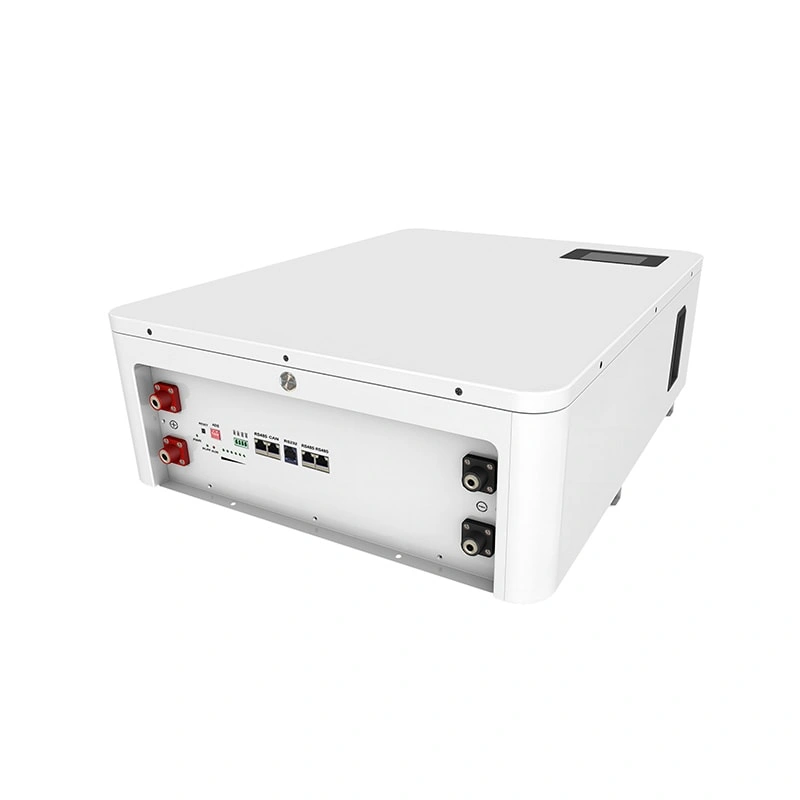 Close-up view of 51.2V 100Ah lithium battery highlighting safety labels and durable build.