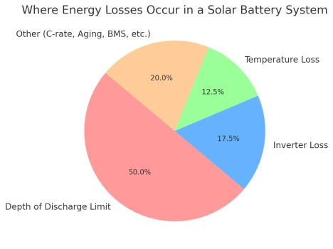 Kuchendiagramm mit prozentualen Energieverlusten aufgrund von Entladetiefe, Wechselrichterverlusten, Temperaturverlusten und anderen Faktoren in Solarbatteriesystemen.