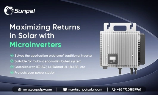 A microinverter device displayed beside text highlighting benefits, set on a blue gradient background with the Sunpal logo.