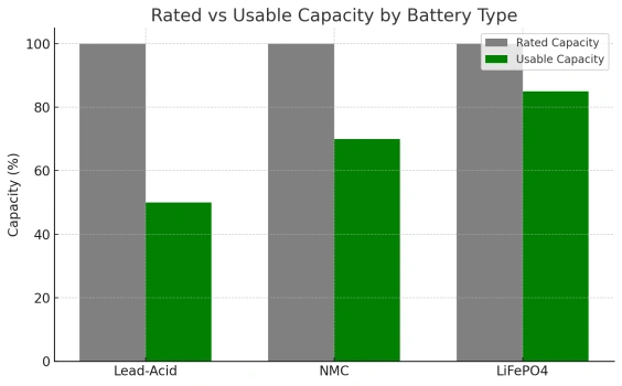 Balkendiagramm zum Vergleich der prozentualen Nennkapazität und der nutzbaren Kapazität von Blei-Säure-, NMC- und LiFePO4-Batterien.