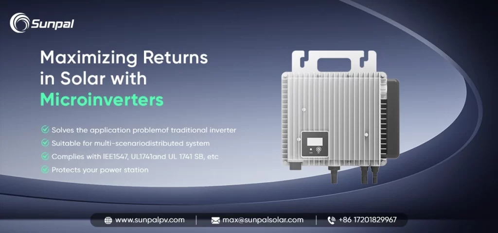 Close-up of a microinverter unit with bullet points about suitability and standards compliance on a stylized backdrop.