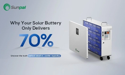 Eine Solarbatterieeinheit mit einer teilweise geöffneten Platte, die die internen Komponenten und den Text "70%" zeigt.