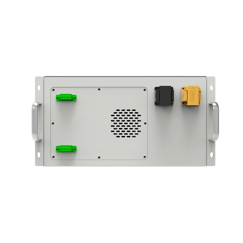 Lithium battery front panel with connectors, ventilation fan, and quick plug terminals