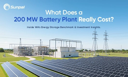 Solar arrays and substation with headline “200 MW Battery Plant Cost Breakdown” — banner for an article on WA energy storage costs.