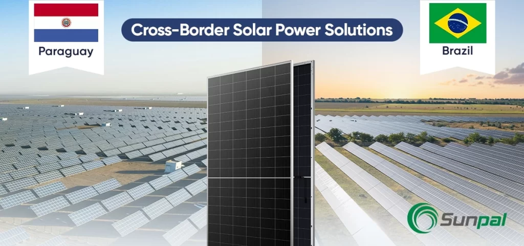 Panoramic solar-array scene with a closeup module in front and Paraguay and Brazil flags framing the headline.
