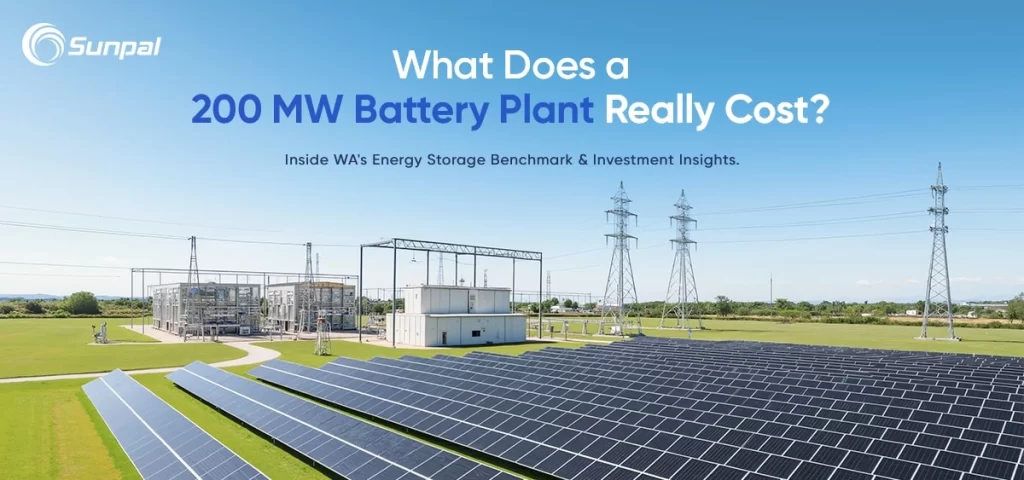 Landscape photo of PV panels and grid infrastructure under blue sky with title about cost drivers for a 200 MW battery energy storage system.