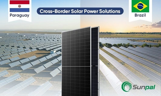 Wide banner showing large solar farms with a central PV panel, and flags for Paraguay and Brazil at the top corners.