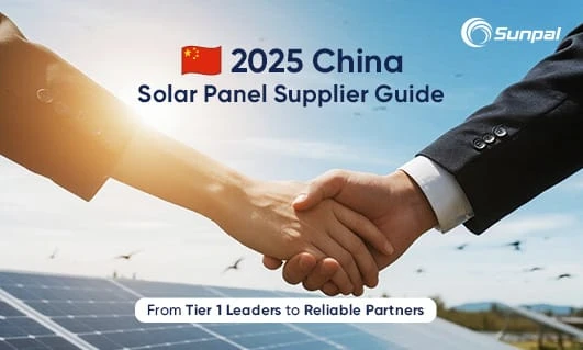 Banner showing solar panels, skyline, and supply‑chain icons for a 2025 guide to Chinese solar panel suppliers.