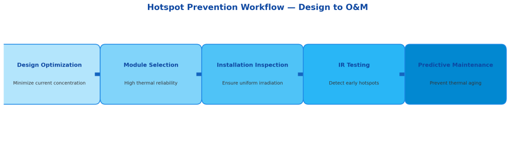 Horizontal workflow boxes: Design Optimization → Module Selection → Installation Inspection → IR Testing → Predictive Maintenance.