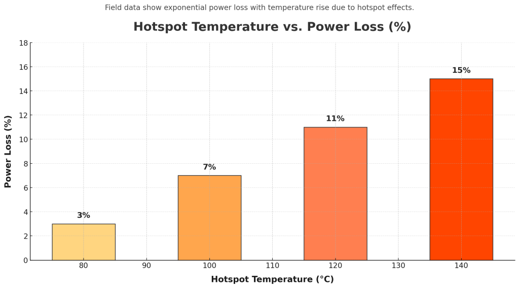 Bar chart showing power loss rising with hotspot temperature: 75°C→3%, 100°C→7%, 120°C→11%, 140°C→15%.