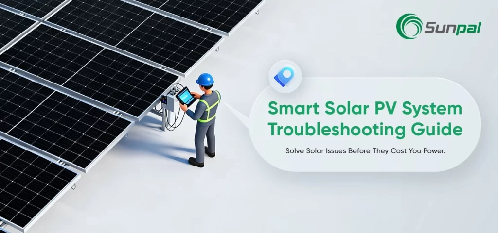 Illustration of a worker inspecting PV equipment; banner promoting a troubleshooting flowchart for solar systems.