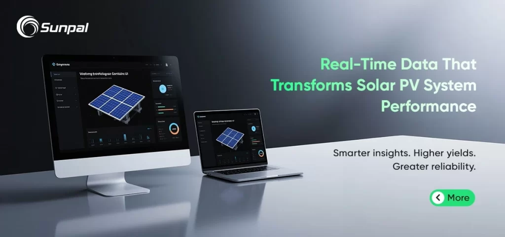 Clean workspace with monitoring screens displaying a solar panel model and analytics; header about panel-level monitoring revolution.