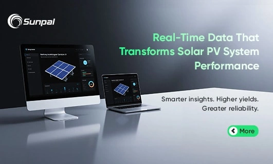 Desktop and laptop showing PV monitoring dashboard; banner promoting panel-level data insights to boost solar performance.
