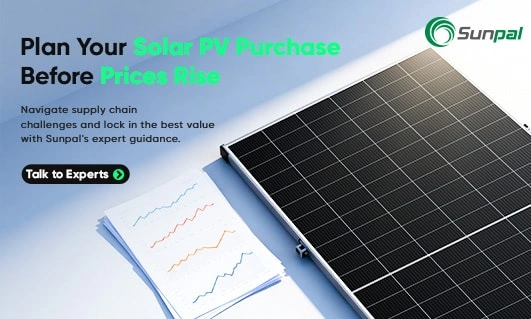 Solar panel and charts beside headline urging buyers to plan purchases before 2025 price rises.