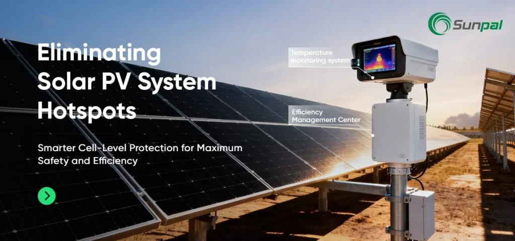 Close-up of PV panels and thermal monitoring device with headline about preventing hotspots using cell-level protection.