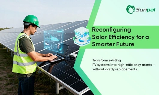 Technician at a solar array with laptop and analytics overlay; banner about reconfiguring PV systems to revive efficiency.