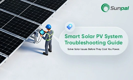 Technician checking solar inverter beside panels with banner text about a smart PV troubleshooting guide.