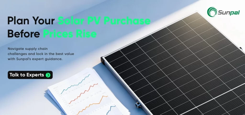 Close-up solar module with paperwork; banner promoting a 2025 PV buying timeline to avoid supply issues.
