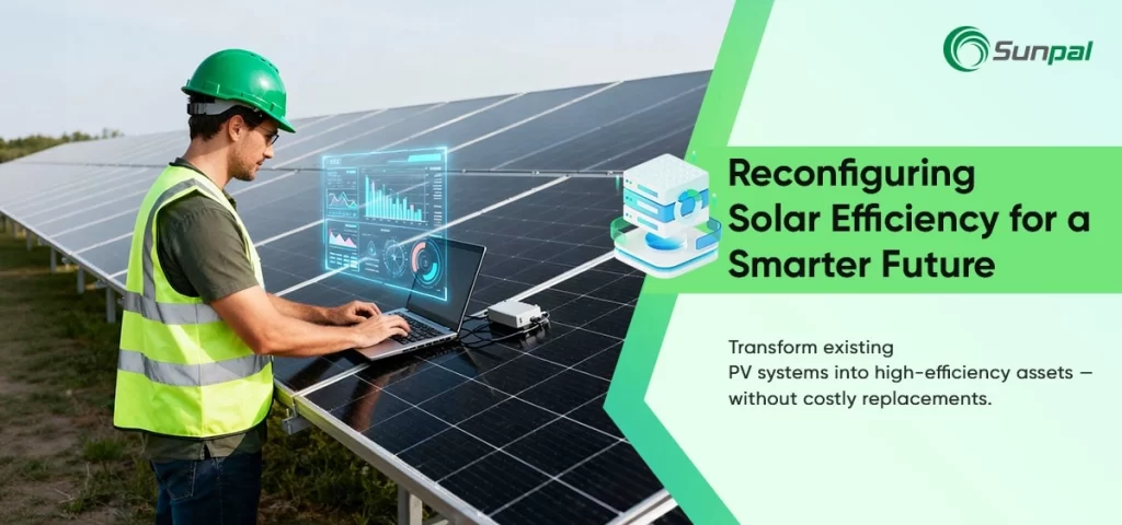 Close-up of field engineer using monitoring tools on panels; header promoting system reconfiguration to boost performance.