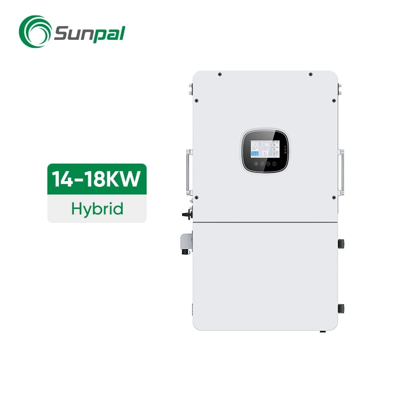 14KW, 16KW, 18KW high-voltage three-phase hybrid inverters front view showing LCD screens, control panels, and cooling fins