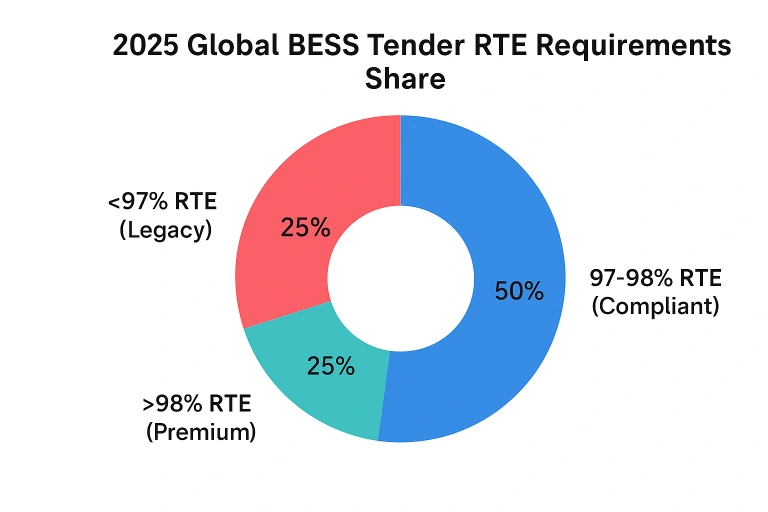 Donut chart: 50% 97–98% RTE (Compliant, blue), 25% <97% RTE (Legacy, red), 25% >98% RTE (Premium, teal).