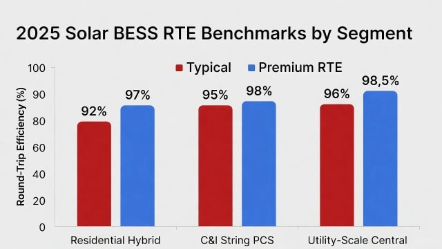 Bar chart comparing round‑trip efficiency: Residential Hybrid Typical 92% vs Premium 97%; C&I String PCS Typical 95% vs Premium 98%; Utility‑Scale Typical 96% vs Premium 98.5%.