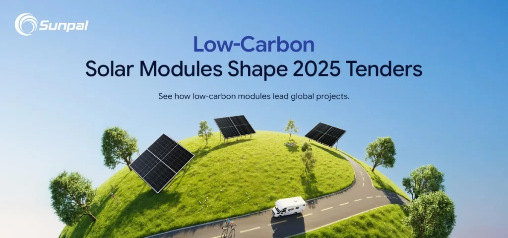 Панорамная иллюстрация солнечных батарей на травянистой местности с деревьями, велосипедист и фургон на извилистой дороге; виден брендинг Sunpal.