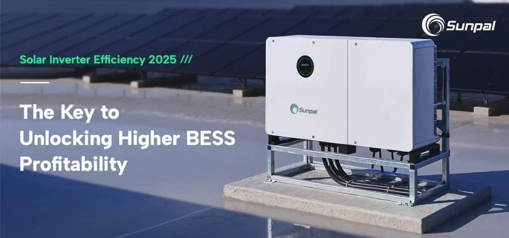 Close-up of a grid-tied inverter on a roof beside solar panels, banner text promoting higher BESS RTE.