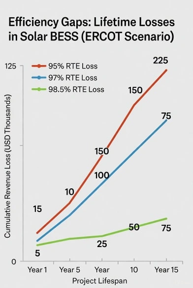 Line chart of cumulative revenue loss (USD thousands) over 15 years for three RTEs: 95% (red) rising from 15k to 225k, 97% (blue) from 5k to 75k, 98.5% (green) from ~5k to 25–75k.