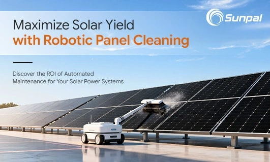 Автономный робот-очиститель наносит воду на ряды солнечных панелей на крыше под ясным небом с логотипом Sunpal.