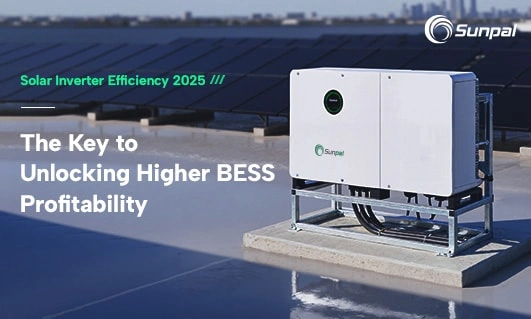 Rooftop PV array with a white Sunpal inverter unit and headline about inverter efficiency 2025.
