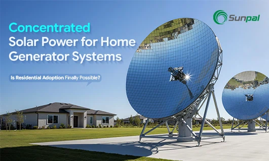 Row of CSP parabolic dishes in a residential setting with a clear blue sky.