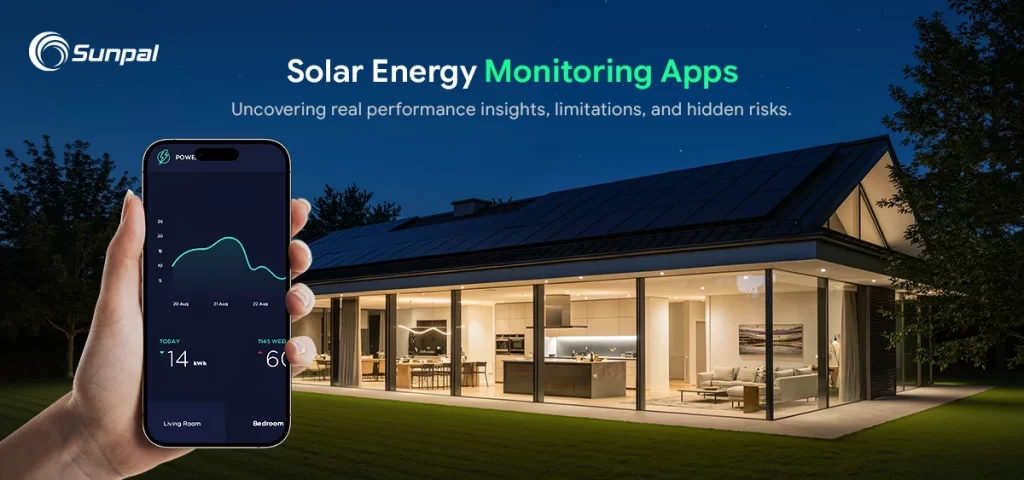 Close-up of a phone with a solar analytics dashboard, overlooking a sunlit house with PV panels.