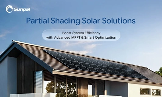 Солнечная батарея на крыше, частично затененная соседней крышей, с ясным небом и логотипом Sunpal в левом верхнем углу.