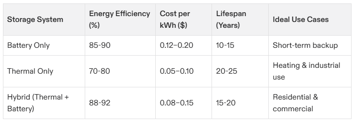 Chart comparing energy efficiency, cost, lifespan, and use cases of battery-only, thermal-only, and hybrid systems.