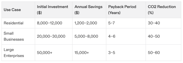 Table detailing the ROI, initial investments, savings, payback periods, and CO2 reductions for various use cases.