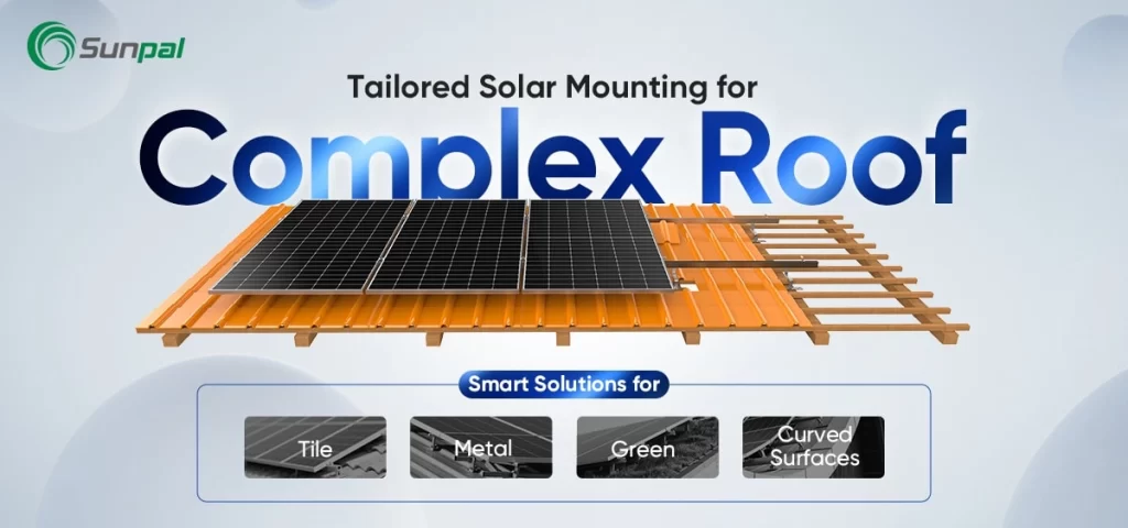 Illustration of solar panels installed on an irregular roof with multiple surface types.