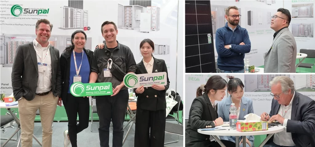 A equipa da Sunpal posa com os visitantes e participa em debates no seu stand de exposição.