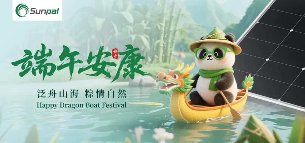 Cartoon-Panda, der ein Drachenboot neben Sonnenkollektoren in einer malerischen Flusslandschaft rudert.