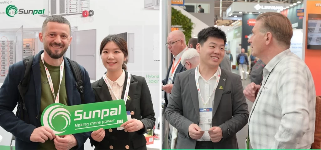 A equipa da Sunpal interage com os visitantes, segurando cartazes com a marca e trocando cartões de visita na feira comercial.