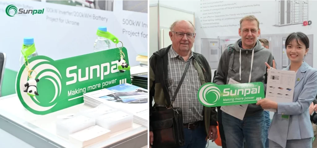 Exposição do logótipo da Sunpal e pessoal a apresentar brochuras aos visitantes no stand da feira.