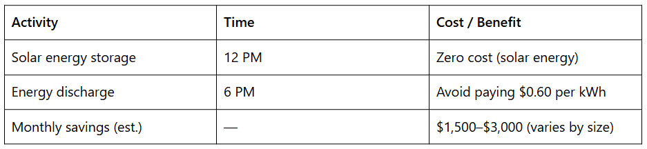 Table detailing solar energy storage and discharge times with associated costs and estimated monthly savings.