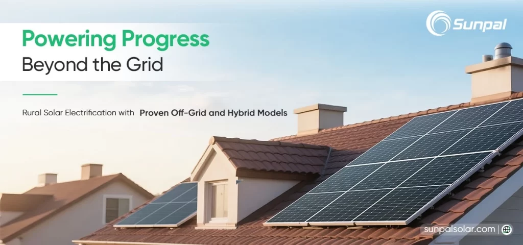 Close-up of solar panels on residential roofs in a rural setting during daylight.