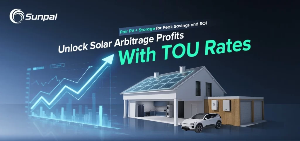 Illustration of solar energy arbitrage concept with solar panels, home, and financial growth graph.