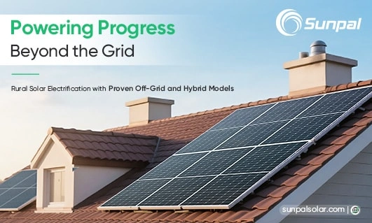 Solar panels installed on the roofs of rural houses under clear skies.