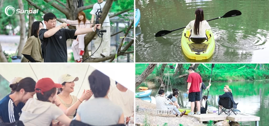 Sunpal team members engaging in archery, kayaking, and group relaxation by the water.