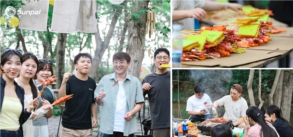 Sunpal team members enjoying grilled skewers together in an outdoor BBQ setting.